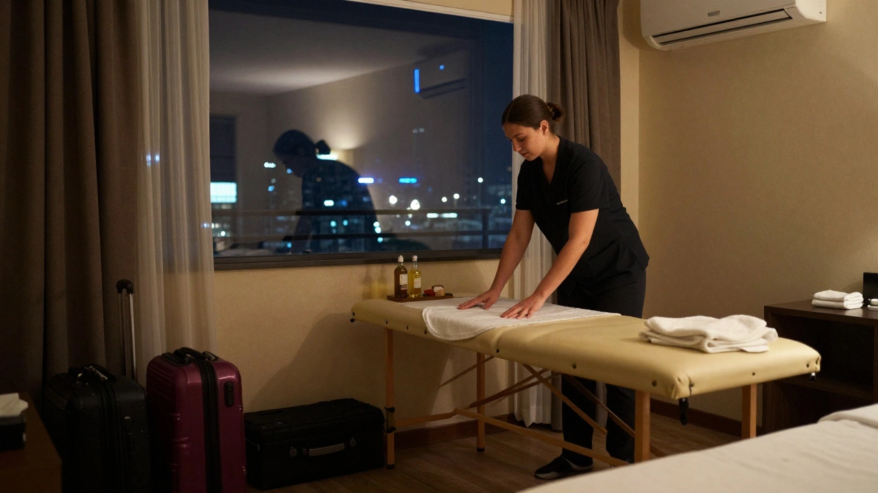 A portable massage setup in a hotel room with city lights visible through thin curtains.