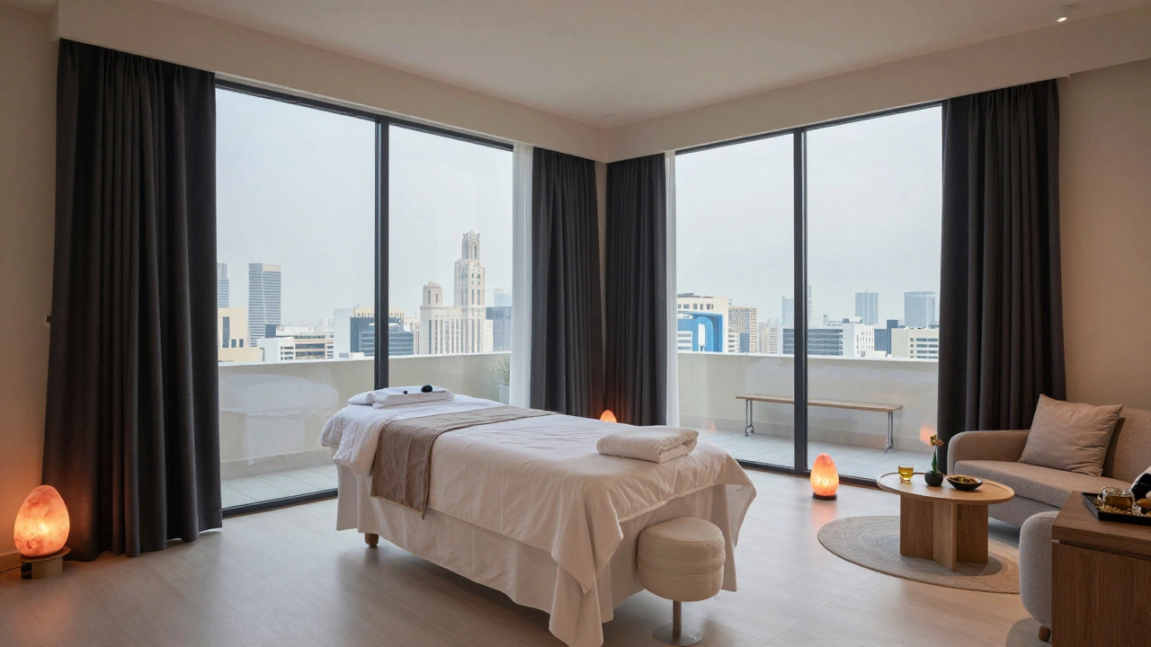 A private wellness retreat with heated table, salt lamps, and serene ambiance for discreet relaxation.