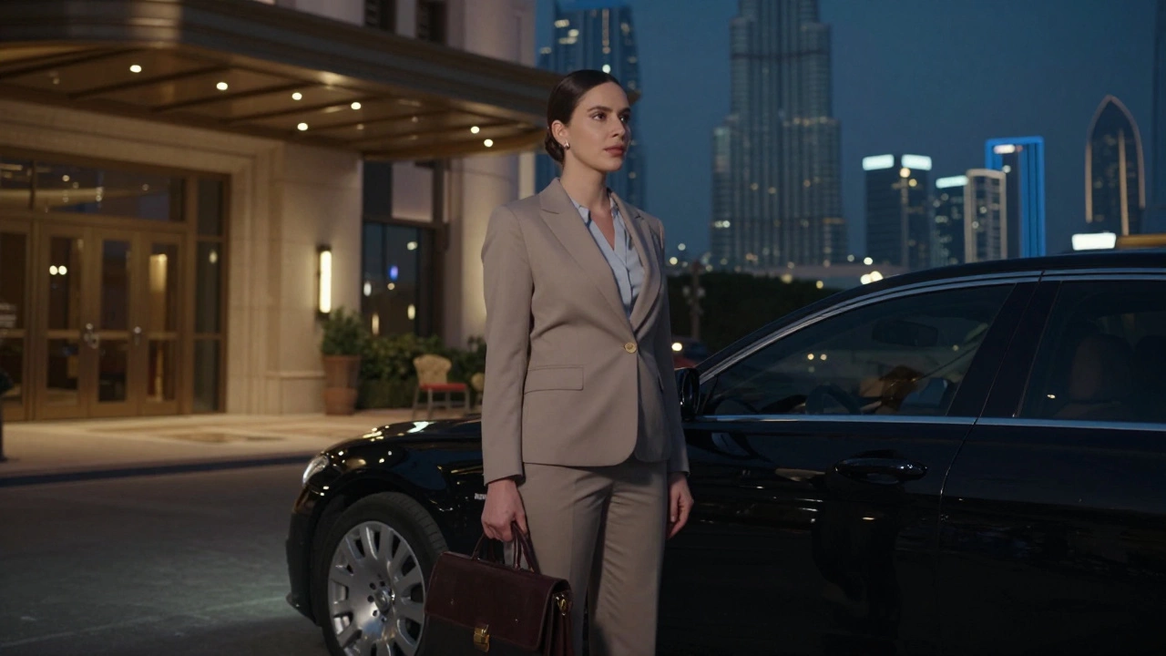 A professional woman standing calmly beside a luxury car at night near a discreet hotel entrance.