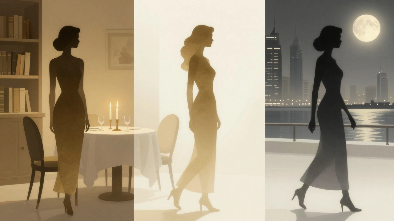 Three abstract silhouettes of women in elegant settings, representing presence and emotional connection.