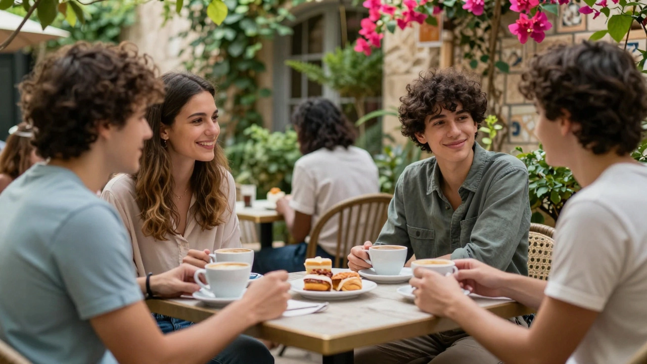 Three individuals and their companions enjoy coffee in a sunlit garden café, engaging in natural, thoughtful conversation.