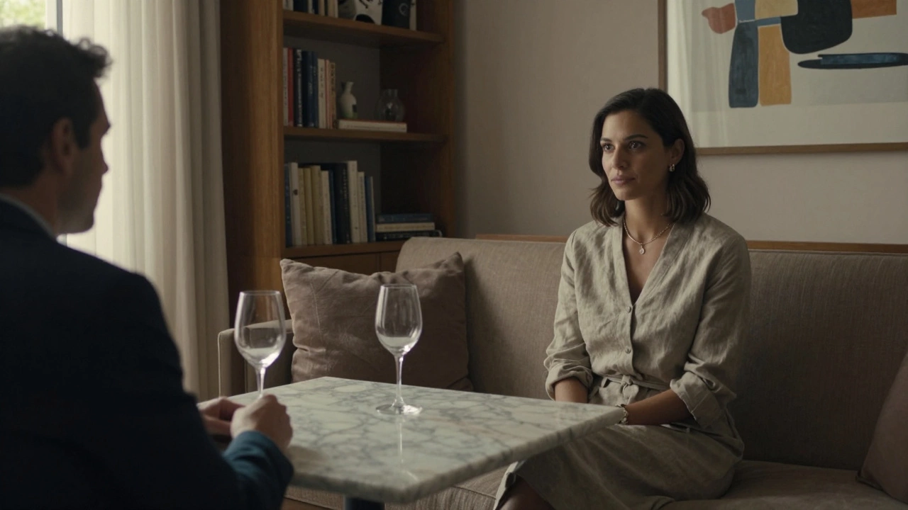 Two people sit calmly in a refined lounge, conversing over wine with bookshelves and soft daylight in the background.